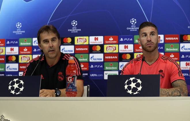 Real Madrid s head coach, Julen Lopetegui, and defender Sergio Ramos (R), during a press conference PK Pressekonferenz held at the end of a team s training session at Valdebebas city in Madrid, Spain, 18 September 2018. Real Madrid will be facing Roma in a Champions League match next 19 September 2018. Press conference !ACHTUNG: NUR REDAKTIONELLE NUTZUNG!  Copyright: xBALLESTEROSx GRAF5379 20180918-636728758408681279