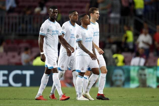 (l-r) Nicolas Isimat-Mirin of PSV, Pablo Rosario of PSV, Steven Bergwijn of PSV, Daniel Schwaab of PSV during the UEFA Champions League group B match between FC Barcelona Barca and PSV Eindhoven at the Camp Nou stadium on September 18, 2018 in Barcelona, Spain. UEFA Champions League 2018 2019 xVIxVIxImagesx xMauricexvanxSteenxIVx 12163223