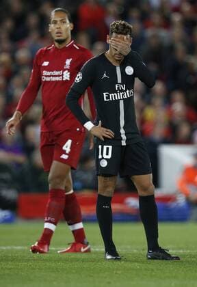 PSG forward Neymar Neymar reacts during the UEFA Champions League - Group C match at the Anfield Stadium, Liverpool. Picture date 18th September 2018. Picture credit should read: Andrew Yates Sportimage EDITORIAL USE ONLY. No use with unauthorised audio, video, data, fixture lists, club league logos or live services. Online in-match use limited to 120 images, no video emulation. No use in betting, games or single club league player publications.