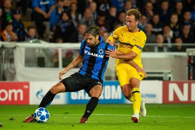 Bruegge, Belgien, 18.09.2018, UEFA Champions League - 2018 19 Season, Vorrunde, Gruppenphase - Gruppe A - 1. Spieltag, Club Bruegge - BV Borussia Dortmund, Benoit Poulain (Bruegge) und Mario Goetze (BVB) im zweikampf ( DeFodi001