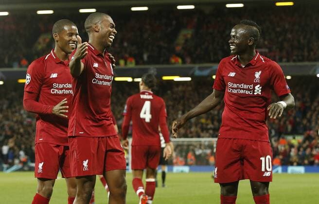 Liverpool forward Daniel Sturridge celebrates scoring the first goal during the UEFA Champions League - Group C match at the Anfield Stadium, Liverpool. Picture date 18th September 2018. Picture credit should read: Andrew Yates Sportimage EDITORIAL USE ONLY. No use with unauthorised audio, video, data, fixture lists, club league logos or live services. Online in-match use limited to 120 images, no video emulation. No use in betting, games or single club league player publications.