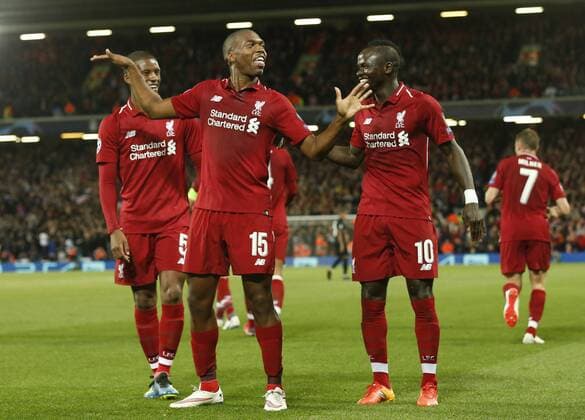 Liverpool forward Daniel Sturridge celebrates scoring the first goal during the UEFA Champions League - Group C match at the Anfield Stadium, Liverpool. Picture date 18th September 2018. Picture credit should read: Andrew Yates Sportimage EDITORIAL USE ONLY. No use with unauthorised audio, video, data, fixture lists, club league logos or live services. Online in-match use limited to 120 images, no video emulation. No use in betting, games or single club league player publications.