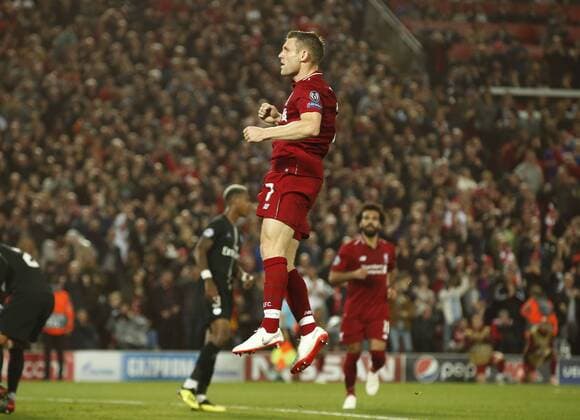 Liverpool midfielder James Milner celebrates scoring the second goal during the UEFA Champions League - Group C match at the Anfield Stadium, Liverpool. Picture date 18th September 2018. Picture credit should read: Andrew Yates Sportimage EDITORIAL USE ONLY. No use with unauthorised audio, video, data, fixture lists, club league logos or live services. Online in-match use limited to 120 images, no video emulation. No use in betting, games or single club league player publications.
