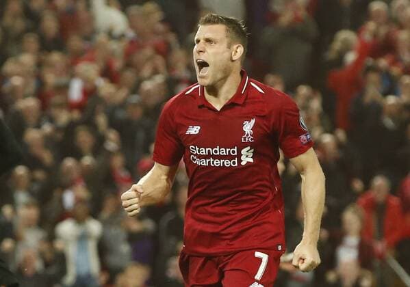 Liverpool midfielder James Milner celebrates scoring the second goal during the UEFA Champions League - Group C match at the Anfield Stadium, Liverpool. Picture date 18th September 2018. Picture credit should read: Andrew Yates Sportimage EDITORIAL USE ONLY. No use with unauthorised audio, video, data, fixture lists, club league logos or live services. Online in-match use limited to 120 images, no video emulation. No use in betting, games or single club league player publications.