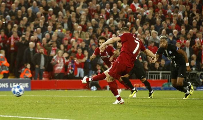 Liverpool midfielder James Milner scoring the second goal during the UEFA Champions League - Group C match at the Anfield Stadium, Liverpool. Picture date 18th September 2018. Picture credit should read: Andrew Yates Sportimage EDITORIAL USE ONLY. No use with unauthorised audio, video, data, fixture lists, club league logos or live services. Online in-match use limited to 120 images, no video emulation. No use in betting, games or single club league player publications.