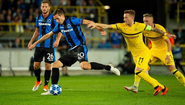 Bruegge, Belgien, 18.09.2018, UEFA Champions League - 2018 19 Season, Vorrunde, Gruppenphase - Gruppe A - 1. Spieltag, Club Bruegge - BV Borussia Dortmund, Hans Vanaken (Bruegge) und Marco Reus (BVB) im zweikampf ( DeFodi001