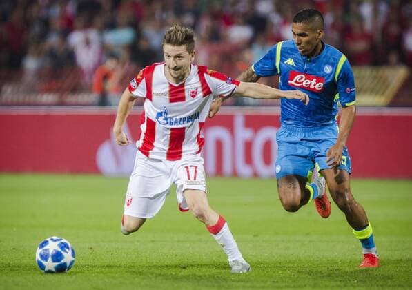 Sport Bilder des Tages FuÃŸball, CL, Roter Stern Belgrad - SSC Neapel 18th September 2018, Rajko Mitic Stadium, Belgrade, Serbia; UEFA Champions League football, Red Star Belgrade versus Napoli; Marko Marin of Red Star Belgrade in action against Allan of Napoli  ActionPlus12063589 NikolaxKrstic