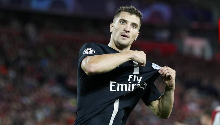 Football - 2018 2019 UEFA Champions League - Group C: Liverpool vs. Paris Saint-Germain Thomas Meaner of PSG celebrates scoring at Anfield. COLORSPORT LYNNE CAMERON 