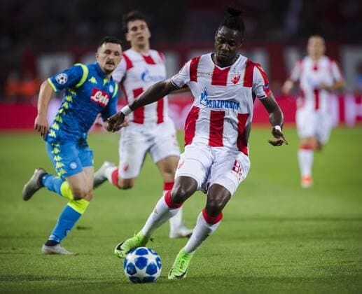 FuÃŸball, CL, Roter Stern Belgrad - SSC Neapel 18th September 2018, Rajko Mitic Stadium, Belgrade, Serbia; UEFA Champions League football, Red Star Belgrade versus Napoli; Richmond Boakye of Red Star Belgrade breaks forward  ActionPlus12063612 NikolaxKrstic