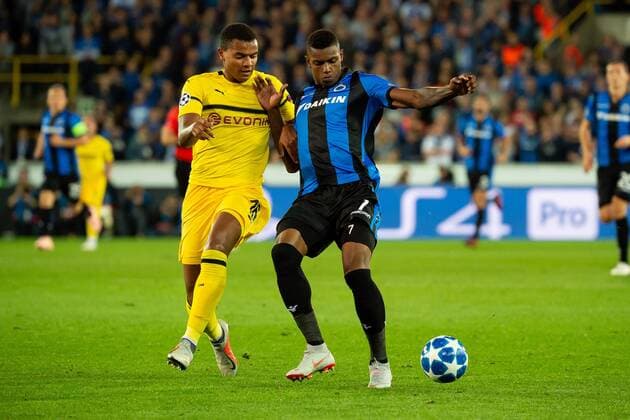 Bruegge, Belgien, 18.09.2018, UEFA Champions League - 2018 19 Season, Vorrunde, Gruppenphase - Gruppe A - 1. Spieltag, Club Bruegge - BV Borussia Dortmund, Manuel Akanji (BVB) und Wesley (Bruegge) im zweikampf ( DeFodi001