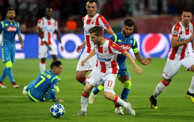 18.09.2018 Belgrade(Serbia) FK Crvena Zvezda(FC Red Star)-SSC Napoli Champions League men s footbal Lorenzo Insigne(central behind right)SSC Napoli ,Marko Marin(central front) FK Crvena Zvezda(FC Red Star) :Str 