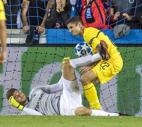 Fußball: Champions League, Saison 2018 2019, Gruppenphase, 1. Spieltag, Club Brügge - Borussia Dortmund am 18.09.2018 im Jan-Breydel-Stadion in Brügge (Belgien). Dortmunds Christian Pulisic trifft zum 0:1. DFL REGULATIONS PROHIBIT ANY USE OF PHOTOGRAPHS AS IMAGE SEQUENCES AND OR QUASI-VIDEO. Copyright: xKirchner DavidxInderliedx
