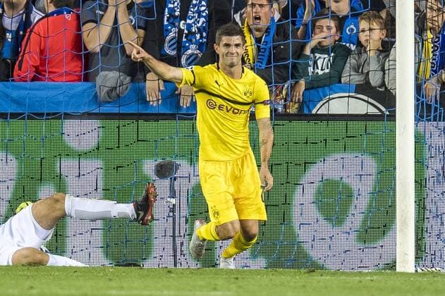 Fußball: Champions League, Saison 2018 2019, Gruppenphase, 1. Spieltag, Club Brügge - Borussia Dortmund am 18.09.2018 im Jan-Breydel-Stadion in Brügge (Belgien). Dortmunds Christian Pulisic jubelt nach seinem Tor zum 0:1. DFL REGULATIONS PROHIBIT ANY USE OF PHOTOGRAPHS AS IMAGE SEQUENCES AND OR QUASI-VIDEO. Copyright: xKirchner DavidxInderliedx