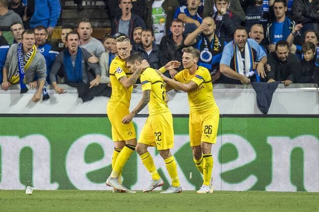 Fußball: Champions League, Saison 2018 2019, Gruppenphase, 1. Spieltag, Club Brügge - Borussia Dortmund am 18.09.2018 im Jan-Breydel-Stadion in Brügge (Belgien). v.li. Dortmunds Marius Wolf, Dortmunds Christian Pulisic und Dortmunds Lukasz Piszczek jubeln nach dem Tor zum 0:1. DFL REGULATIONS PROHIBIT ANY USE OF PHOTOGRAPHS AS IMAGE SEQUENCES AND OR QUASI-VIDEO. Copyright: xKirchner DavidxInderliedx