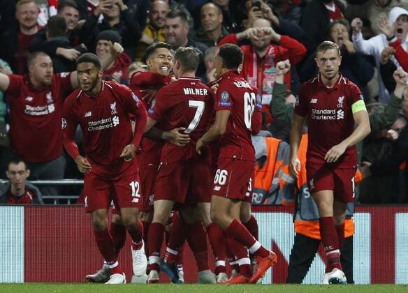 Liverpool forward Roberto Firmino celebrates celebrating scoring the third and winning goal during the UEFA Champions League - Group C match at the Anfield Stadium, Liverpool. Picture date 18th September 2018. Picture credit should read: Andrew Yates Sportimage EDITORIAL USE ONLY. No use with unauthorised audio, video, data, fixture lists, club league logos or live services. Online in-match use limited to 120 images, no video emulation. No use in betting, games or single club league player publications.