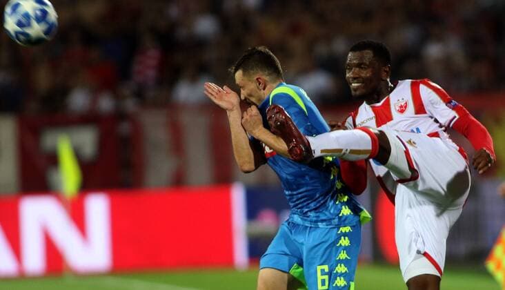 18.09.2018 Belgrade(Serbia) FK Crvena Zvezda(FC Red Star)-SSC Napoli Champions League men s footbal Mario Rui(L) SSC Napoli stopped from El Fardou Ben Nabouhane(R)FK Crvena Zvezda FC Red Star :Str 