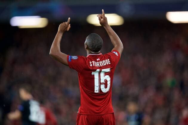 Sport Bilder des Tages (180919) -- LIVERPOOL, Sept. 19, 2018 -- Liverpool s Daniel Sturridge celebrates during the UEFA Champions League Group C match between Liverpool and Paris Saint-Germain at Anfield Stadium in Liverpool, Britain on Sept. 18, 2018. Liverpool won 3-2. FOR EDITORIAL USE ONLY. NOT FOR SALE FOR MARKETING OR ADVERTISING CAMPAIGNS. NO USE WITH UNAUTHORIZED AUDIO, VIDEO, DATA, FIXTURE LISTS, CLUB LEAGUE LOGOS OR LIVE SERVICES. ONLINE IN-MATCH USE LIMITED TO 45 IMAGES, NO VIDEO EMULATION. NO USE IN BETTING, GAMES OR SINGLE CLUB LEAGUE PLAYER PUBLICATIONS. (SP)BRITAIN-LIVERPOOL-FOOTBALL-UEFA CHAMPIONS LEAGUE-LIVERPOOL VS PSG HanxYan