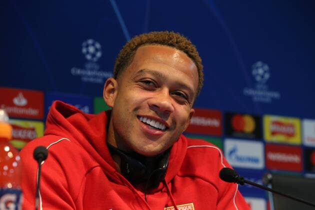 Olympique Lyonnais Presser Memphis Depay of Olympique Lyonnais pictured during a press conference PK Pressekonferenz at the Etihad Stadium, Manchester Content Not Available For UK Newspapers Copyright: xStevexMcCormickx FIL-12291-0008