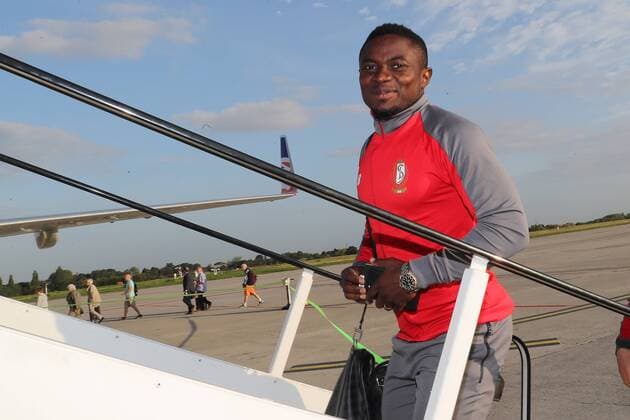 Standard s Collins Fai pictured during the departure of Belgian soccer team Standard de Liege for Sevilla, Spain, Wednesday 19 September 2018 at Liege Airport. Tomorrow Standard will meet Spanish club Sevilla FC on day one of the UEFA Europa League group stage. BRUNOxFAHY  x05429110x