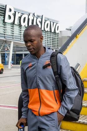 Anderlecht s Knowledge Musona pictured at the arrival of Belgian soccer team RSC Anderlecht, Wednesday 19 September 2018 in Bratislava, Slovakia. Tomorrow Anderlecht will meet Slovakian club Spartak Trnava on day one of the UEFA Europa League group stage. JASPERxJACOBS  x05429176x
