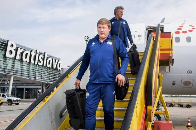 Anderlecht s head coach Hein Vanhaezebrouck pictured at the arrival of Belgian soccer team RSC Anderlecht, Wednesday 19 September 2018 in Bratislava, Slovakia. Tomorrow Anderlecht will meet Slovakian club Spartak Trnava on day one of the UEFA Europa League group stage. JASPERxJACOBS  x05429137x