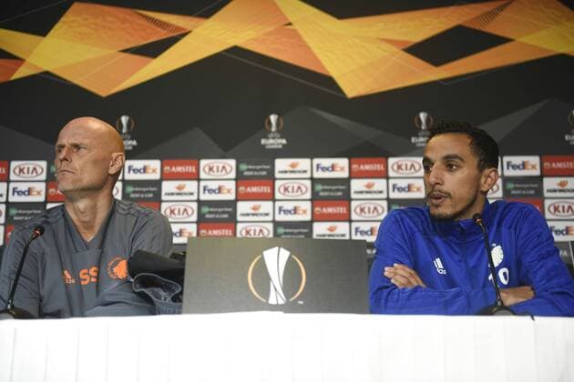 Traener Staale Solbakken og José Carlos Gonçalves Rodrigues, omtalt Zeca, paa FC Koebenhavns pressemoede i Parken, onsdag den 19. september 2018, foer Europa League-kampen mod FC Zenit torsdag aften.. , Danmark Denmark  Copyright: PhilipxDavalix cop102 spdk20180919-164607-L