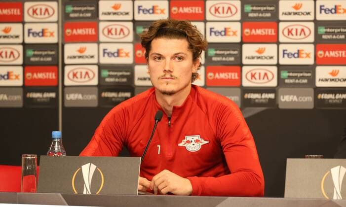 RB Leipzig - Pressekonferenz Fussball Leipzig, 19.09.2018, Red Bull Arena Fußball, Rasenballsport Leipzig, RB Leipzig , Pressekonferenz vor dem Euroleague-Spiel gegen FC Salzburg. , Im Bild: Marcel Sabitzer ,