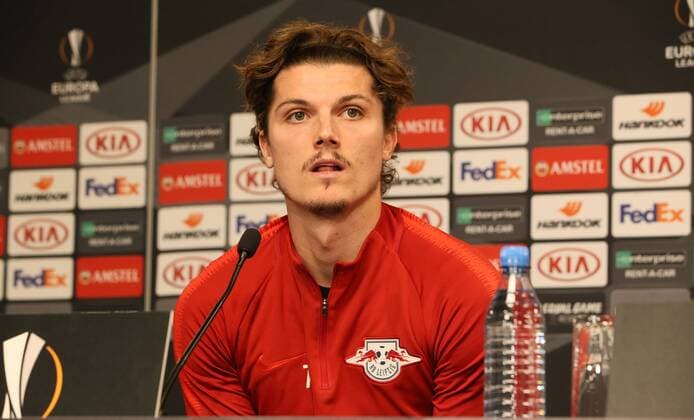 RB Leipzig - Pressekonferenz Fussball Leipzig, 19.09.2018, Red Bull Arena Fußball, Rasenballsport Leipzig, RB Leipzig , Pressekonferenz vor dem Euroleague-Spiel gegen FC Salzburg. , Im Bild: Marcel Sabitzer ,