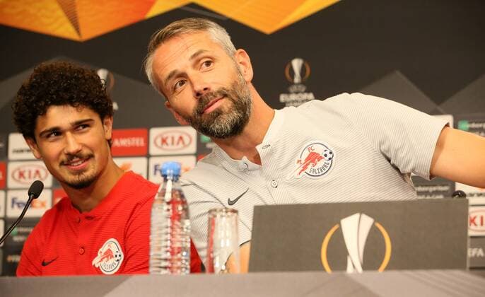 FC Salzburg - Pressekonferenz Fussball Euroleague Leipzig, 19.09.2018, Red Bull Arena, Fußball, FC Salzburg , Pressekonferenz vor dem Euroleague-Spiel bei RB Leipzig. , Im Bild: AndrŽ Ramalho (15, Salzburg) und Trainer Marco Rose ,