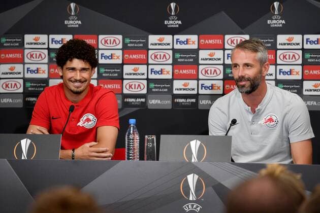 SOCCER - EL, RB Leipzig vs RBS LEIPZIG,GERMANY,19.SEP.18 - SOCCER - UEFA Europa League, group stage, RasenBallsport Leipzig vs Red Bull Salzburg, preview, press conference PK Pressekonferenz of RBS. Image shows Andre Ramalho and head coach Marco Rose (RBS). GEPAxpictures xFlorianxErtl