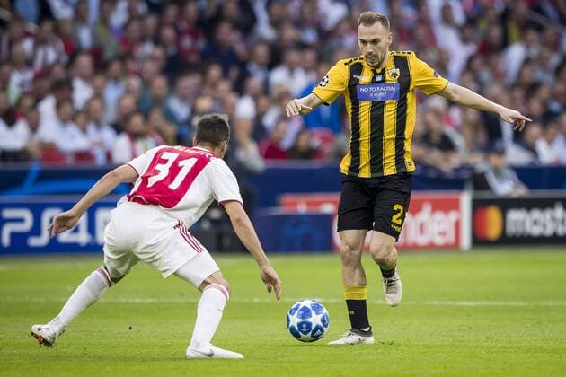 AMSTERDAM, AFC Ajax - AEK Athens FC, football, Champions League, season 2018-2019, 19-09-2018, Stadium Johan Cruijff Arena, AEK Athens player Michalis Bakakis (R), Ajax player Nico Tagliafico (L) Ajax - AEK Athens  x2476578x