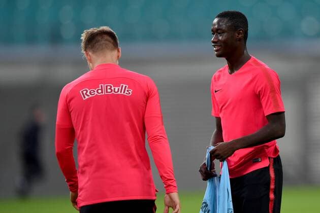 SOCCER - EL, RB Leipzig vs RBS LEIPZIG,GERMANY,19.SEP.18 - SOCCER - UEFA Europa League, group stage, RasenBallsport Leipzig vs Red Bull Salzburg, preview, training of RBS. Image shows Fredrik Gulbrandsen and Diadie Samassekou (RBS). GEPAxpictures xFlorianxErtl