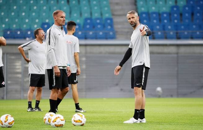 FC Salzburg - Training Fussball Euroleague Leipzig, 19.09.2018, Red Bull Arena, Fußball, FC Salzburg , Abschlußtraining vor dem Euroleague-Spiel bei RB Leipzig. , Im Bild: Co- Trainer Alexander Zickler und Trainer Marco Rose ,