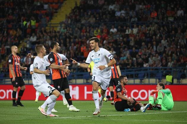Midfielder Florian Grillitsch (C) of TSG 1899 Hoffenheim celebrates scoring an early opener (6 ) during the UEFA Champions League Group F match against FC Shakhtar Donetsk at the Metalist Stadium, Kharkiv, northeastern Ukraine, September 19, 2018. Ukrinform. Shakhtar vs. Hoffenheim in Kharkiv  Copyright: xDanilxShamkinx