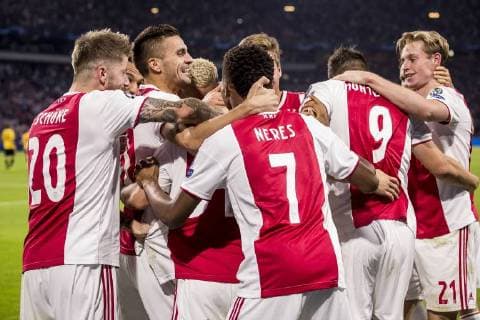 AMSTERDAM, AFC Ajax - AEK Athens FC, football, Champions League, season 2018-2019, 19-09-2018, Stadium Johan Cruijff Arena, Ajax players are celebrating the 1-0 Ajax - AEK Athens  x2476734x