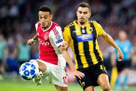 Noussair Mazraoui of Ajax, Viktor Klonaridis of AEK Athens FC during the UEFA Champions League group E match between Ajax Amsterdam and AEK FC at the Johan Cruijff Arena on September 19, 2018 in Amsterdam, The Netherlands UEFA Champions League 2018 2019 xVIxVIxImagesx xTomxBodexMultimediaxIVx 12172836