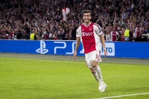Sport Bilder des Tages AMSTERDAM, AFC Ajax - AEK Athens FC, football, Champions League, season 2018-2019, 19-09-2018, Stadium Johan Cruijff Arena, Ajax player Nico Tagliafico has scored 3-0 Ajax - AEK Athens  x2477030x