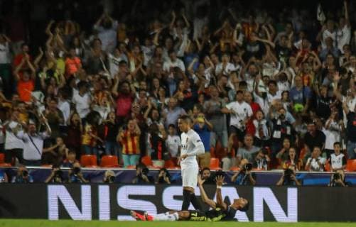Expulsion of Ronaldo during the football match between Valencia CF and Juventus FC on September 19, 2018 at Mestalla stadium in Valencia, Spain.