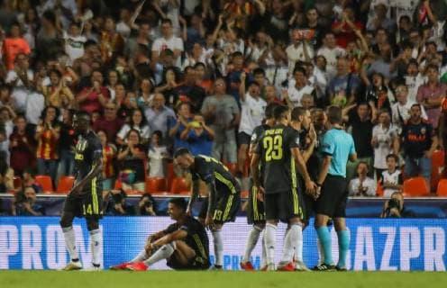 Expulsion of Ronaldo during the football match between Valencia CF and Juventus FC on September 19, 2018 at Mestalla stadium in Valencia, Spain.