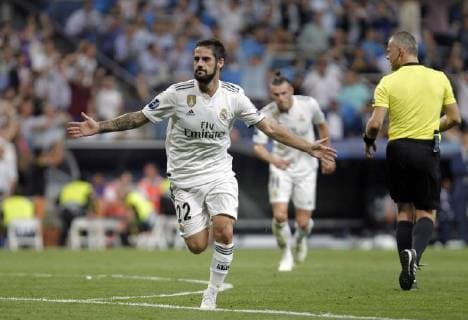 Soccer match between Real Madrid and Roma, of the Champions League 2018 2019, held at the Santiago Bernabeu stadium, in Madrid. (Photo: Jose Cuesta 261 Cordon Press). Isco celebrates after scoring