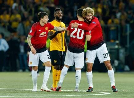 Bern, Schweiz 19.09.2018, UEFA Champions League - 2018 19 Season, Vorrunde, Gruppenphase - Gruppe H - 1. Spieltag, BSC Young Boys - Manchester United ManU Victor Lindeloef (MAN), Diogo Dalot (MAN) und Marouane Fellaini (MAN) schlussjubel ( DeFodi048