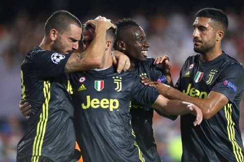 September 19, 2018 - Valencia, Spain - Miralem Pjanic of Juventus FC celebrates with his teammates after scoring his side s opening goal during the UEFA Champions League, Group H football match between Valencia CF and Juventus FC on September 19, 2018 at Mestalla stadium in Valencia, Spain Football - UEFA Champions League - Valencia CF vs Juventus FC  - ZUMAb169 20180919_zaa_b169_031 Copyright: xManuelxBlondeau Aop.Pressx