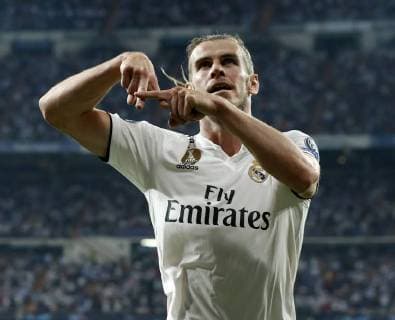 Partido de Liga de Campeones entre el Real Madrid y la Roma en el Bernabeu. En la imagen, Bale celebra su gol. Champions League match between Real Madrid and Roma. In this picture, Bale celebrates his goal. 