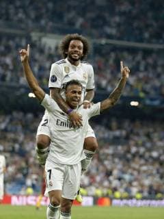 Partido de Liga de Campeones entre el Real Madrid y la Roma en el Bernabeu. En la imagen, Mariano celebra su gol. Champions League match between Real Madrid and Roma. In this picture, Mariano celebrates his goal. 