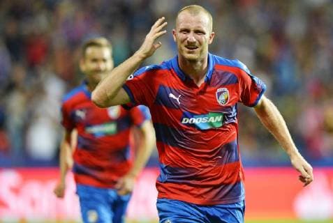 Michael Krmencik of Viktoria celebrates the second goal in the 1st round, Group G, Champions League match FC Viktoria Plzen vs CSKA Moscow in Pilsen, Czech Republic, on September 19, 2018. (CTKxPhoto MiroslavxChaloupka) CTKPhotoP201809191061501  cha05