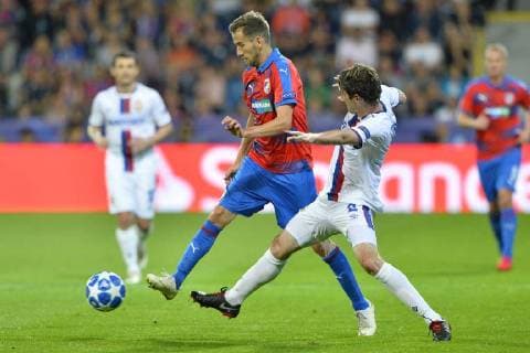 Tomas Horava of Viktoria, left, and Mario Fernandes of CSKA fight for the ball in the 1st round, Group G, Champions League match FC Viktoria Plzen vs CSKA Moscow in Pilsen, Czech Republic, on September 19, 2018. (CTKxPhoto MiroslavxChaloupka) CTKPhotoP201809191071001  cha07