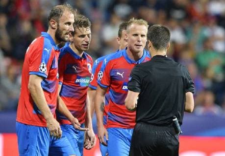 Viktoria players disagree with the penalty in the 1st round, Group G, Champions League match FC Viktoria Plzen vs CSKA Moscow in Pilsen, Czech Republic, on September 19, 2018. (CTKxPhoto MiroslavxChaloupka) CTKPhotoP201809191161401  cha15