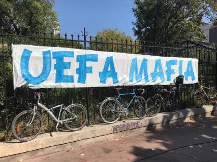 Sport Bilder des Tages 20.09.2018, xjhx, Fussball UEFA Europa League, Olympique Marseille - Eintracht Frankfurt emspor, v.l. Anti Uefa Plakate (DFL DFB REGULATIONS PROHIBIT ANY USE OF PHOTOGRAPHS as IMAGE SEQUENCES and or QUASI-VIDEO) Marseille