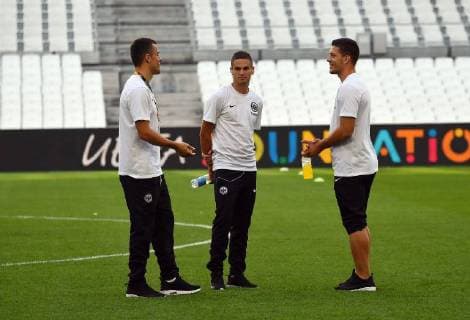 20.09.2018, xjhx, Fussball UEFA Europa League, Olympique Marseille - Eintracht Frankfurt emspor, v.l. Filip Kostic (Eintracht Frankfurt), Mijat Gacinovic (Eintracht Frankfurt), Luka Jovic (Eintracht Frankfurt) (DFL DFB REGULATIONS PROHIBIT ANY USE OF PHOTOGRAPHS as IMAGE SEQUENCES and or QUASI-VIDEO) Marseille