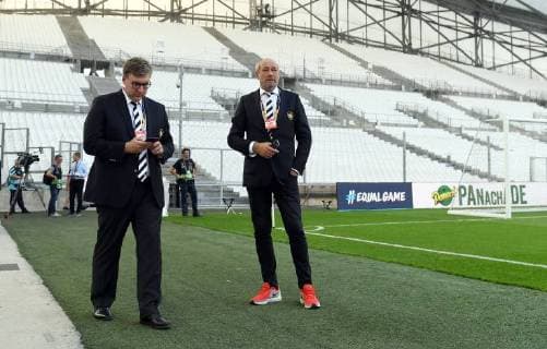 20.09.2018, xjhx, Fussball UEFA Europa League, Olympique Marseille - Eintracht Frankfurt emspor, v.l. Axel Hellmann (stellv. Vorstandsvorsitzender Vorstandsmitglied der Eintracht Frankfurt Fußball AG), Praesident Peter Fischer (Eintracht Frankfurt) (DFL DFB REGULATIONS PROHIBIT ANY USE OF PHOTOGRAPHS as IMAGE SEQUENCES and or QUASI-VIDEO) Marseille